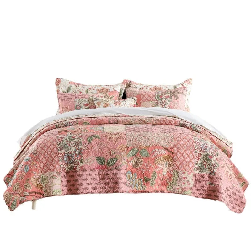 Pure cotton bedding set three-piece, retro floral pattern, pink, plain weave, 230x230cm for 2.0m bed