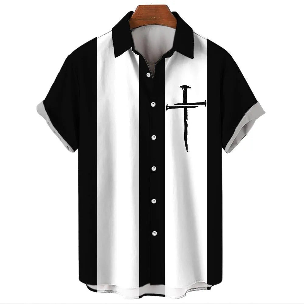 Men's striped Hawaiian casual shirt with short sleeves and button front design
