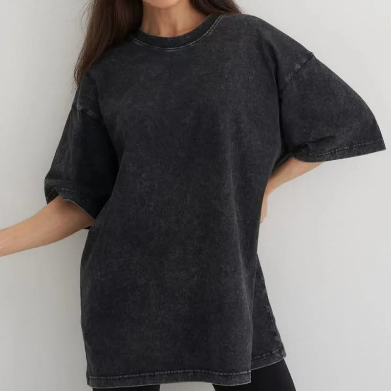 Solid colour cotton short sleeve men's t-shirt in washed black casual summer top front view