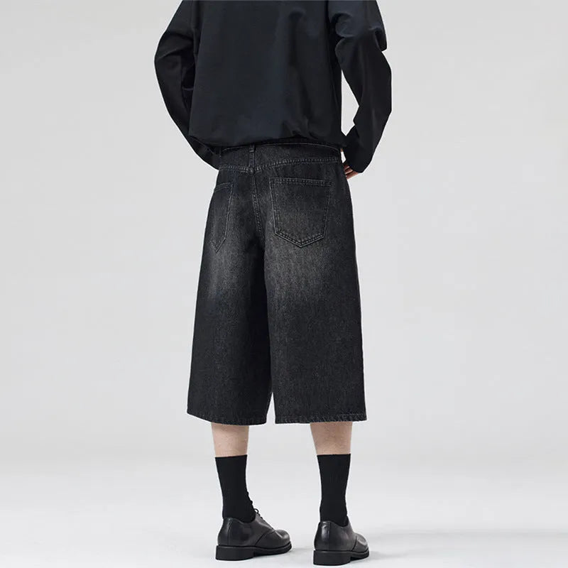 Men's straight-leg denim shorts in cropped length showing light blue colour option