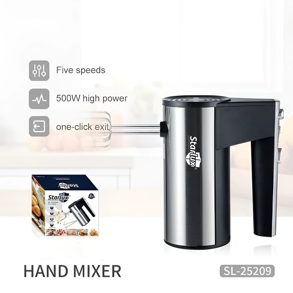 Black SL-25209 model 500W hand-held electric kitchen mixer with five speed settings.