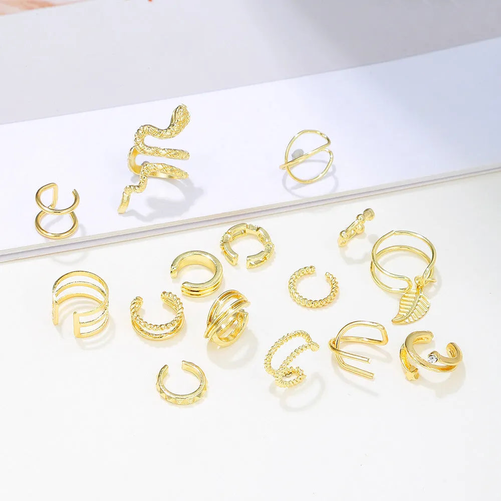 15-piece clip-on earring set in gold or silver electroplated metal with geometric round and ring shapes