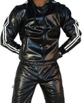 Man wearing a black hooded PU leather sports jacket and matching trousers from the autumn sports set.