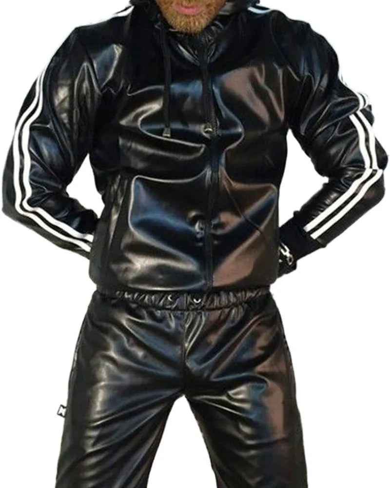 Man wearing a black hooded PU leather sports jacket and matching trousers from the autumn sports set.