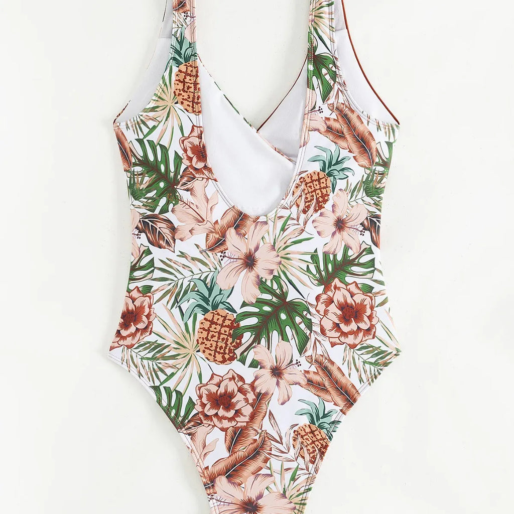 Women's one-piece bikini in European and American tropical plants multicolor print, polyester and spandex, available in S to XL