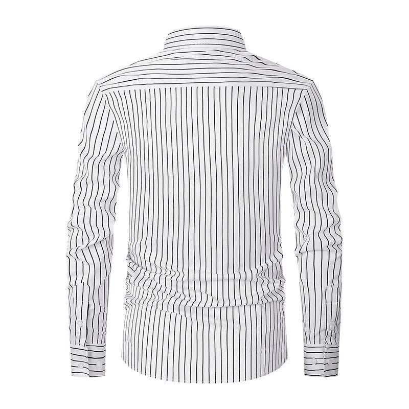 Men's striped long sleeve slim fit business shirt in a polyester blend fabric on a hanger.