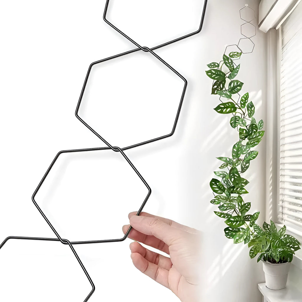 Hexagonal iron ring plant flower rack with 18 hooks, foldable metal climbing frame for plant display