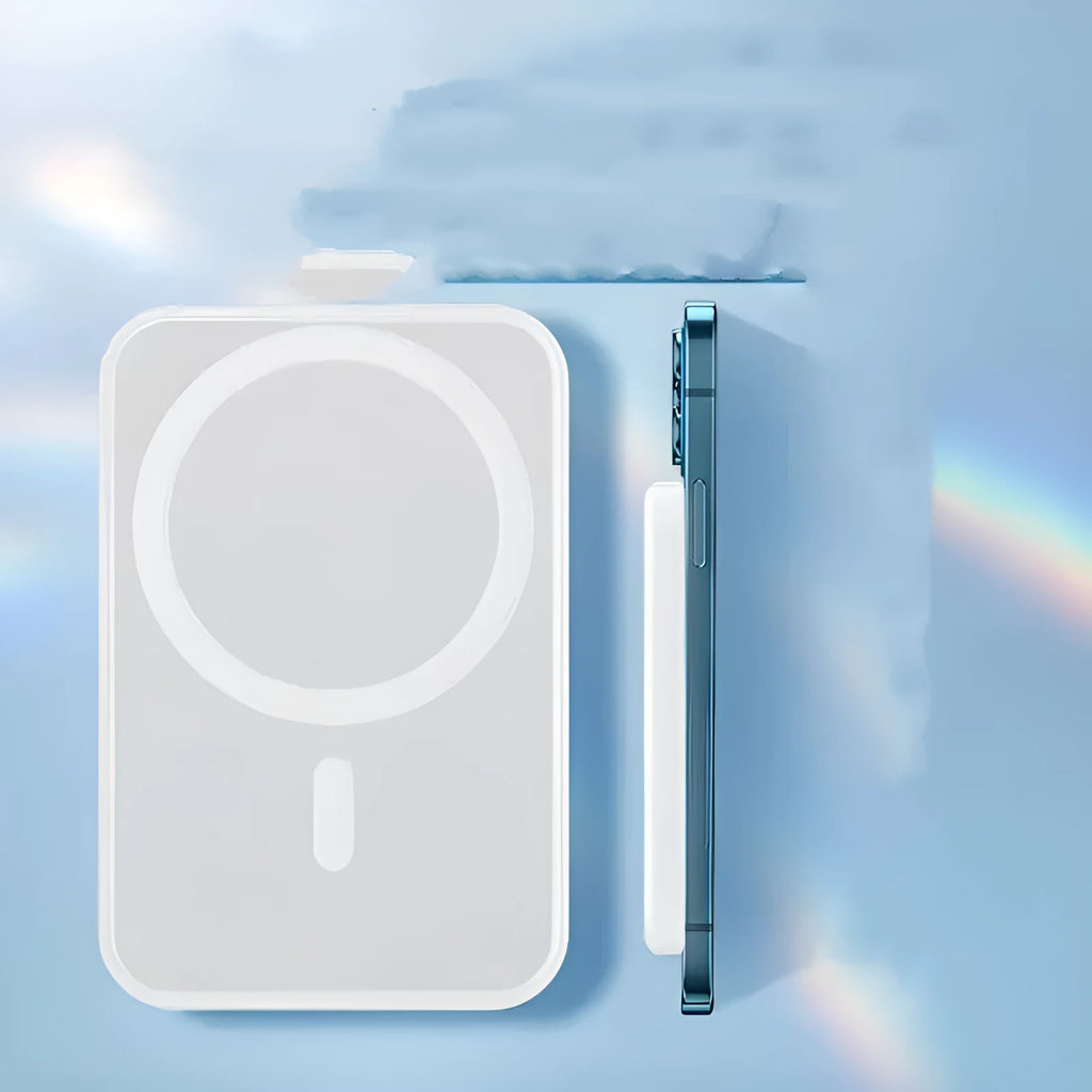 White PVC magnetic wireless charger power bank with 5000mAh capacity