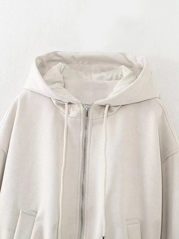 Women's suede hooded jacket in black or white casual styling