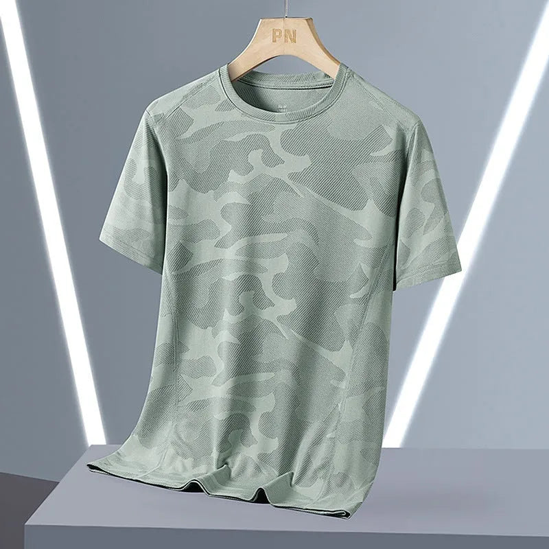 Men's plus size camouflage pattern nylon summer t-shirt with short sleeves and round neck