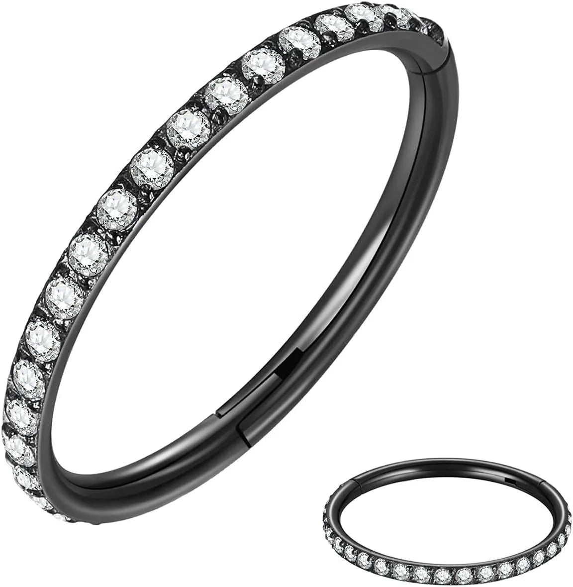 A stainless steel seamless nose ring with a diamond setting, shown in gold, rose gold, black, and steel finishes.