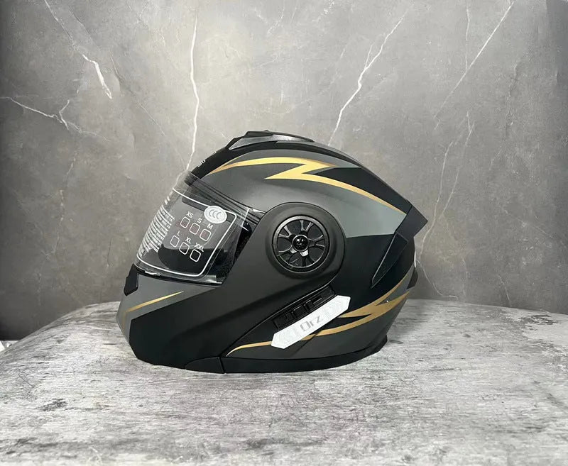 Matte black full face motorcycle helmet with black mirror visor showing ABS construction and multiple sizing options