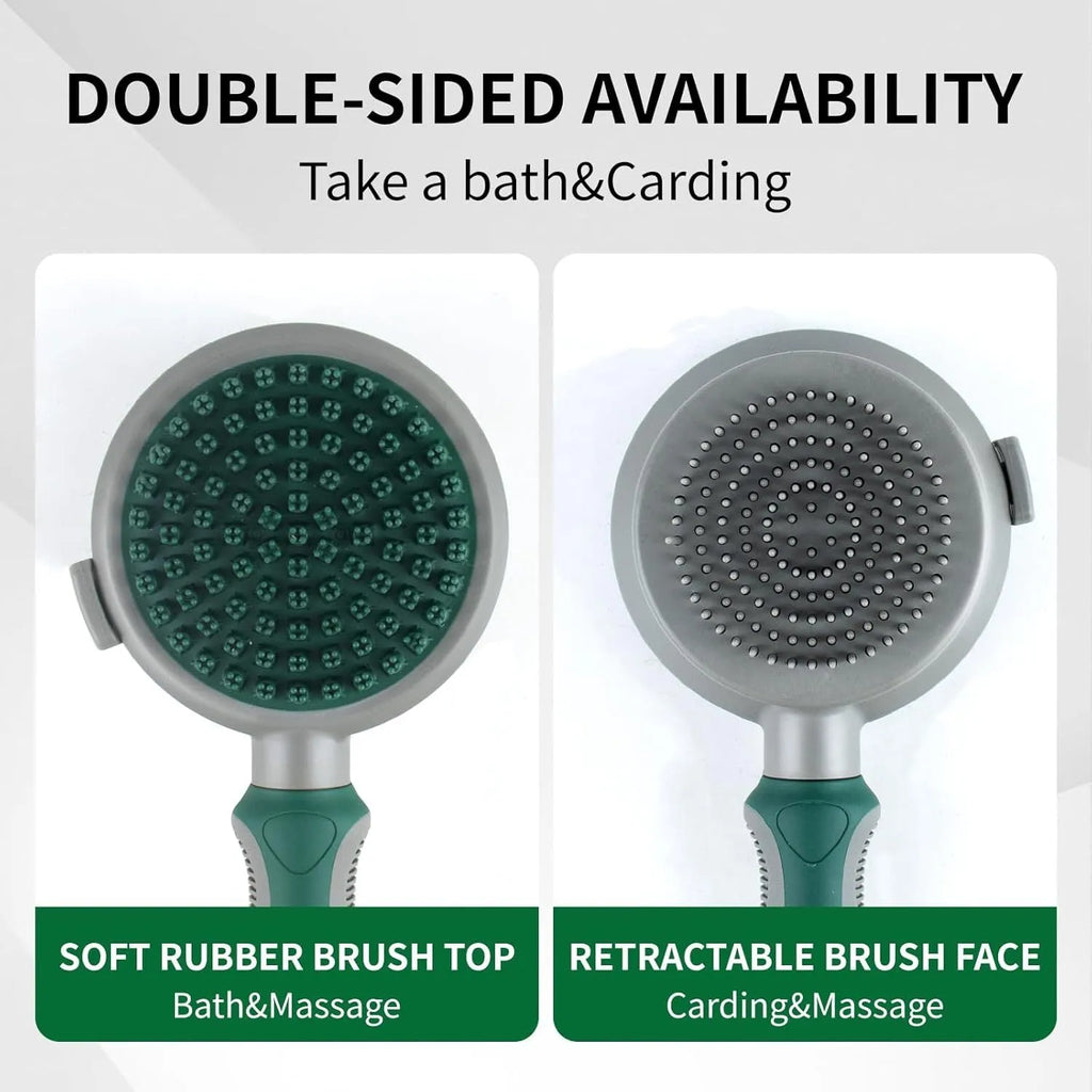Green and pink two-sided pet grooming brush with retractable slicker and silicone massager