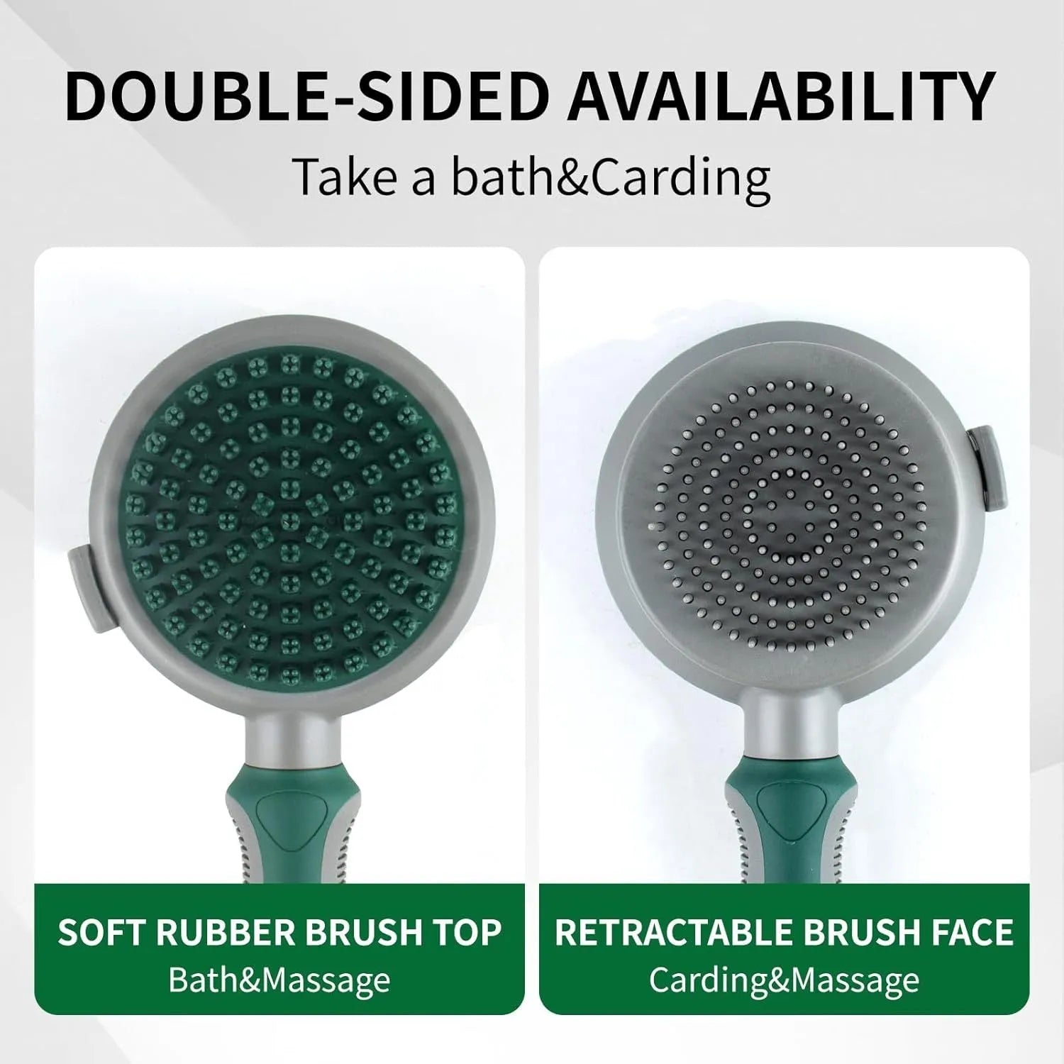 Green and pink two-sided pet grooming brush with retractable slicker and silicone massager