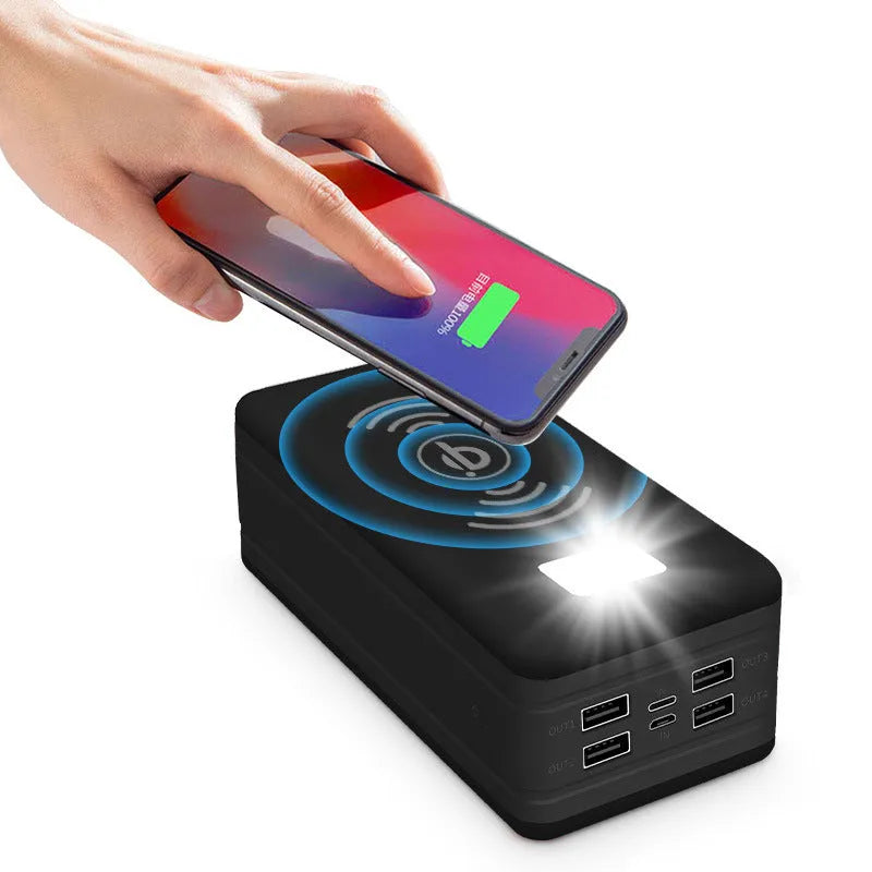 Black solar wireless power bank with coloured accents showing solar panel and wireless charging symbol