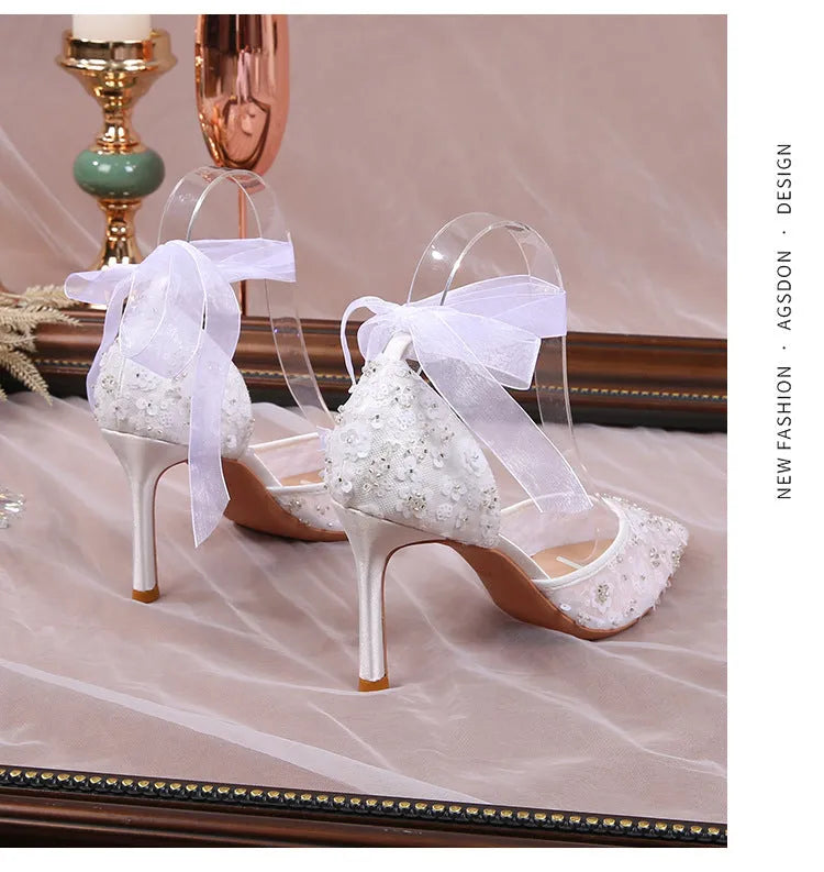 White satin women's sandals with sequin and hollowed design, pointed toe, high heel 6.5cm or 8.5cm