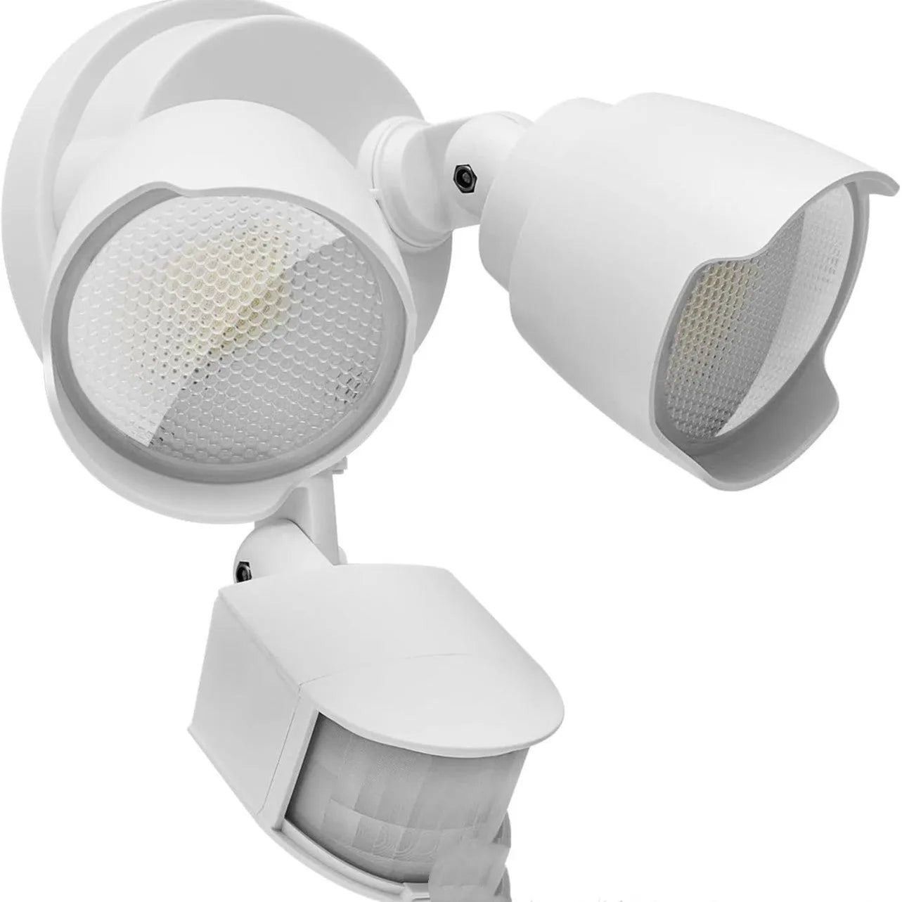 White 120V LED security floodlight with motion sensor mounted on an exterior wall.