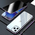 Magnetic black tempered glass iPhone case with anti-spy privacy screen on a table.