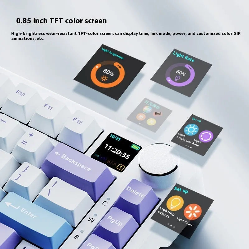 Black, grey and yellow three-mode mechanical keyboard with compact 75% layout showing included accessories