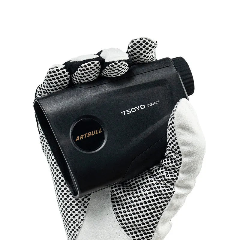 Golf laser rangefinder with LCD display showing distance measurement, Type-C charging port