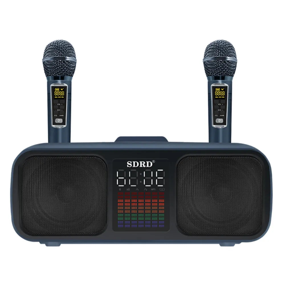 SD318 desktop Bluetooth speaker in grey with two wireless microphones USB powered 15W