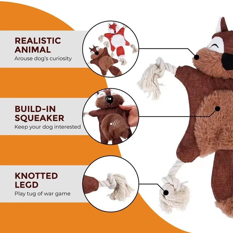 Set of six assorted plush squeaky dog toys in animal shapes including fox, koala, monkey, rabbit, squirrel, and tiger