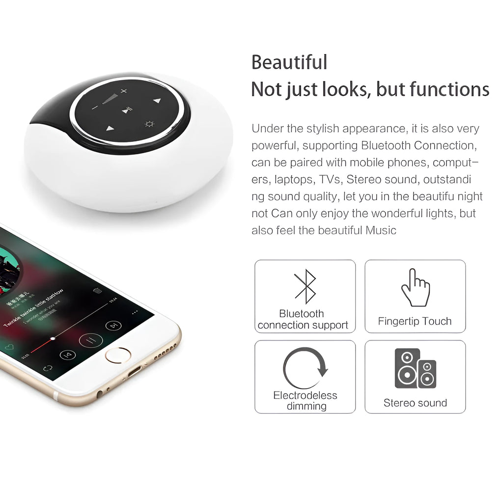 Blue and white Bluetooth speaker desk lamp with touch controls and foldable arms on wooden desk