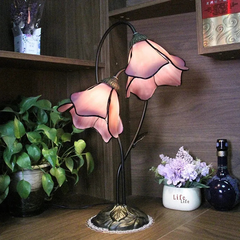American classical desk lamp with lotus design in glass construction, available in single and double-head configurations