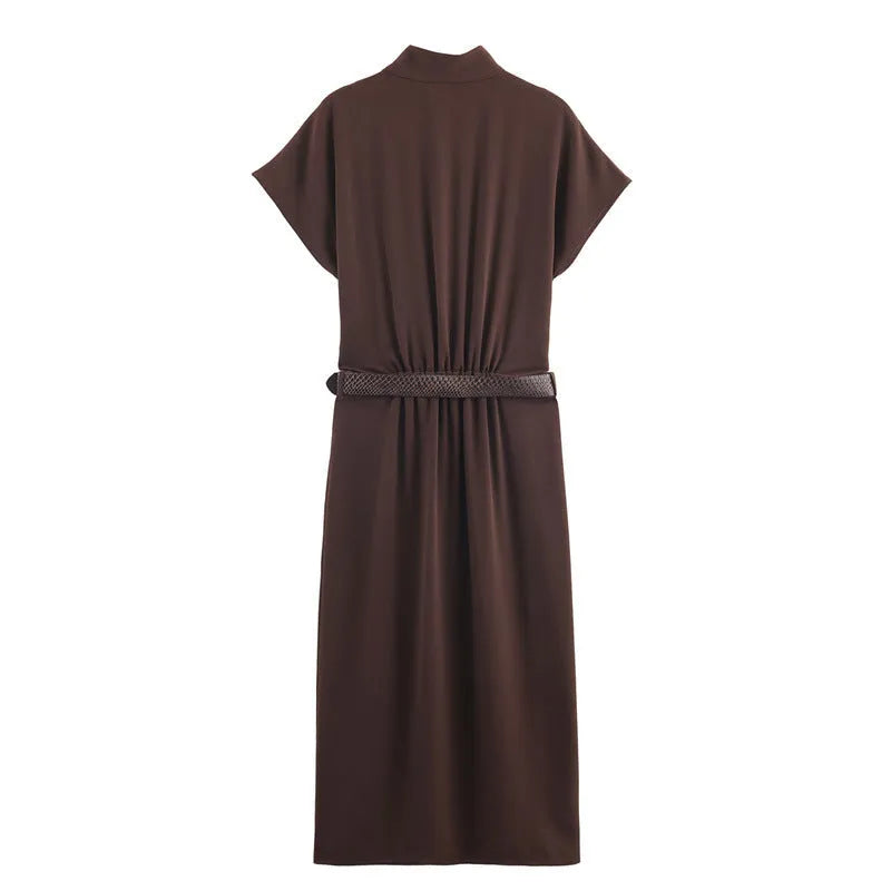 Brown women's belted dress with hood, long sleeves, and pleated irregular skirt in knitted mercerised cotton