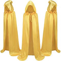 Children's black satin hooded cloak costume with gold and purple colour options