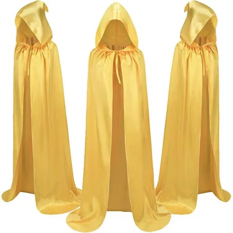 Children's black satin hooded cloak costume with gold and purple colour options