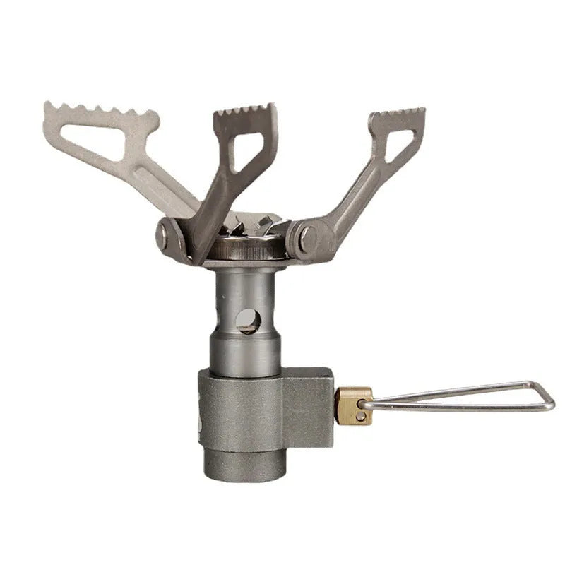 Portable mini camping gas stove in silver metal, 25g weight, for outdoor propane cooking