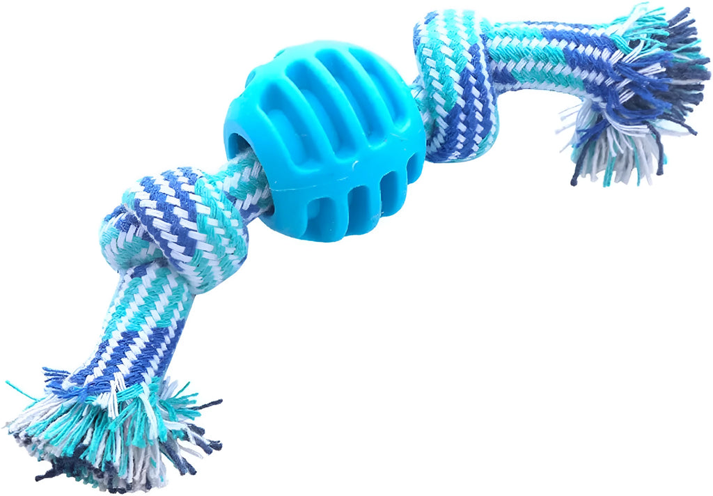 Blue soft dog chew toy with white ropes for cleaning teeth
