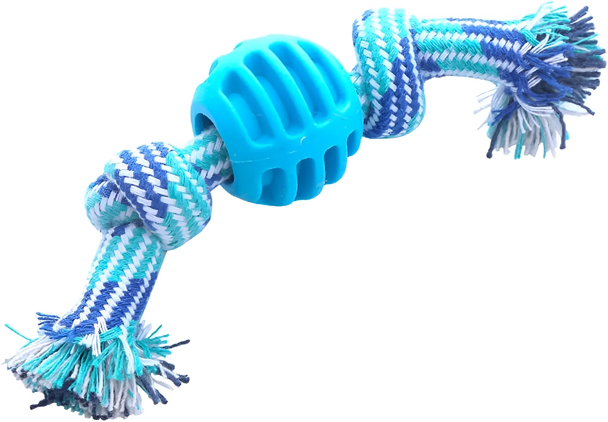 Blue soft dog chew toy with white ropes for cleaning teeth