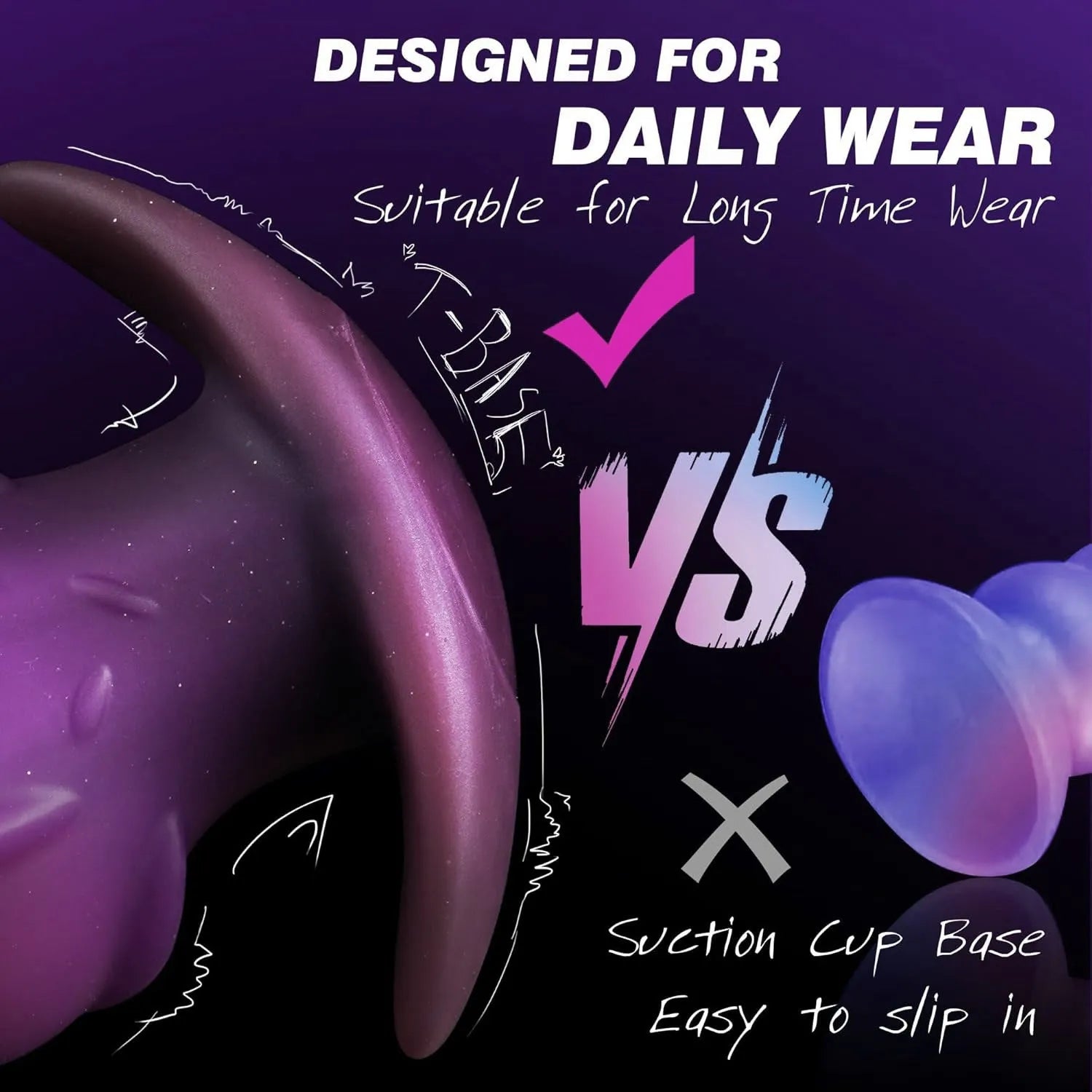 Purple, gold, and black liquid silicone unisex masturbator shown in small, medium, large, and extra-large sizes
