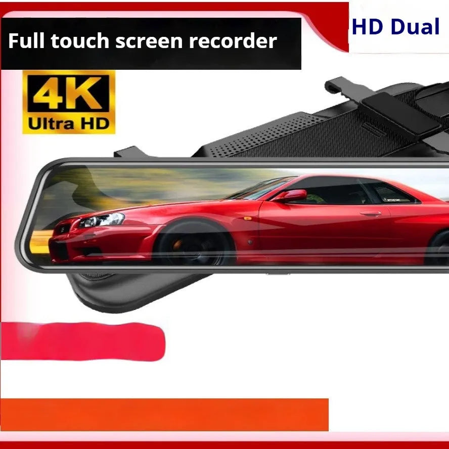 HD 1080p dual lens rearview mirror recorder with 9.66 inch touch screen display
