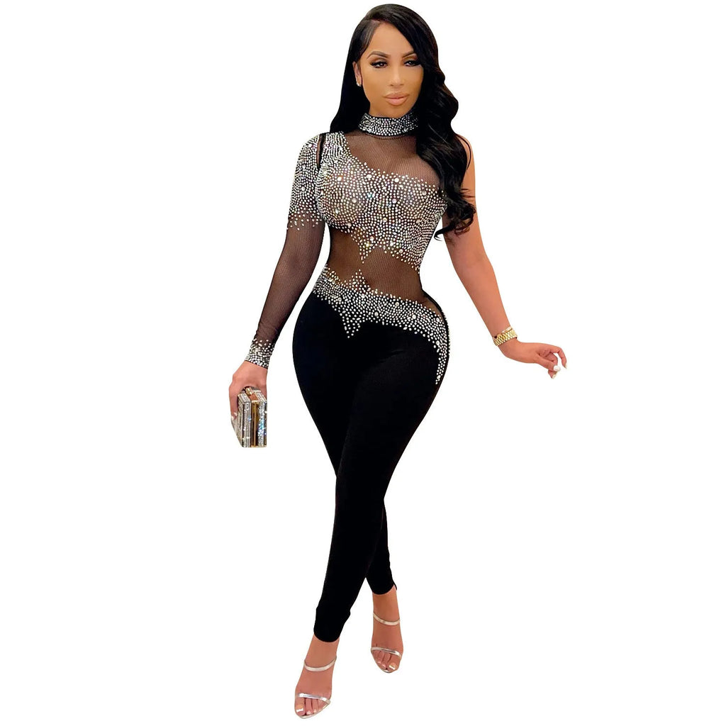 Women's one-shoulder transparent mesh rhinestone jumpsuit in tight-fit trouser style, black colour