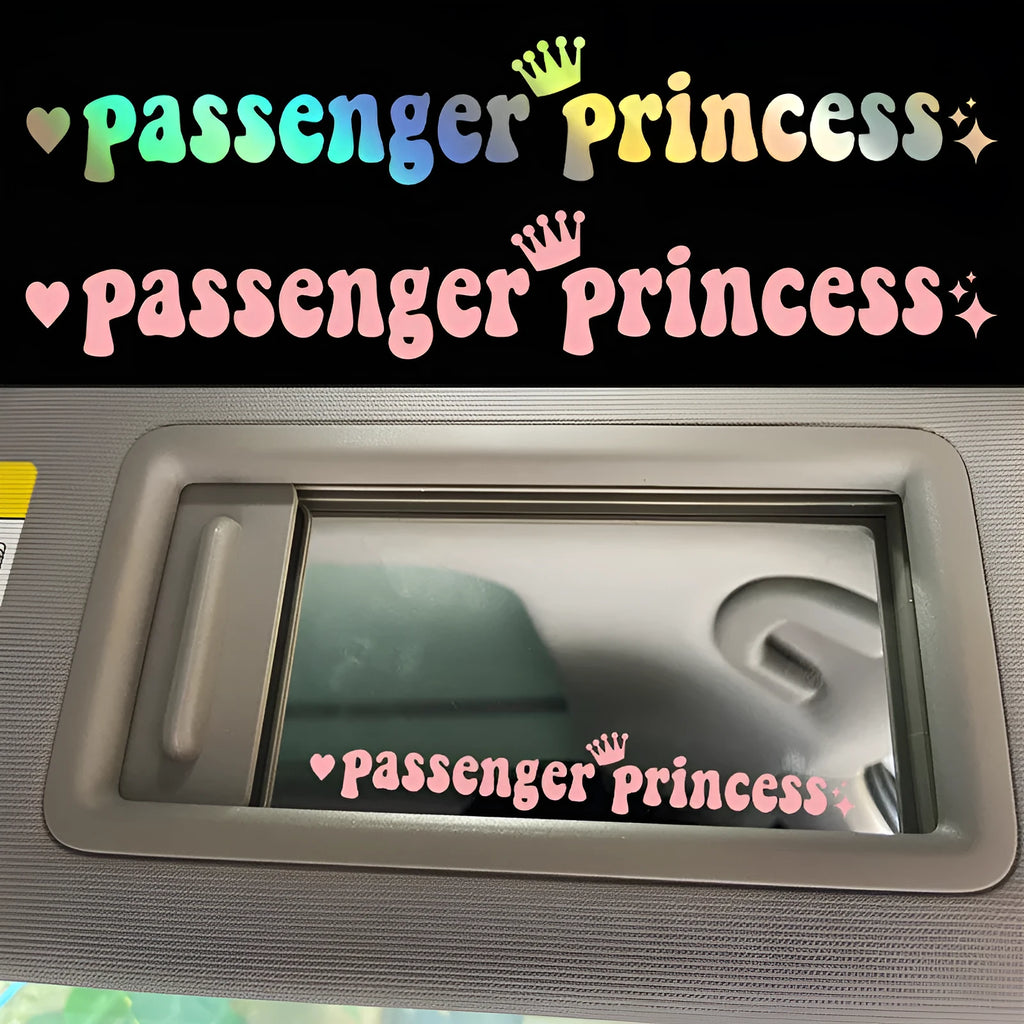 Passenger Princess car rearview mirror sticker in black, white, laser, and pink colour options