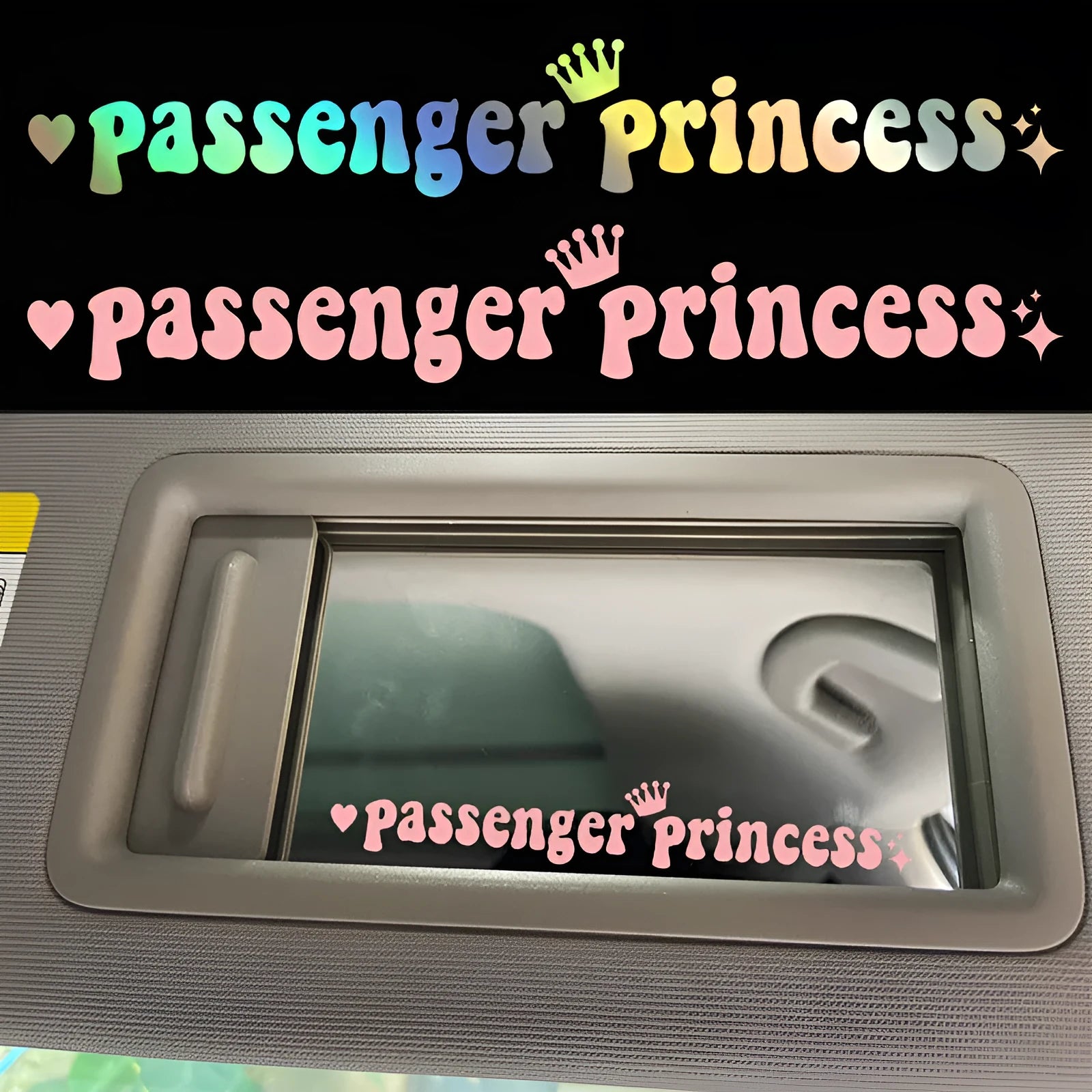 Passenger Princess car rearview mirror sticker in black, white, laser, and pink colour options