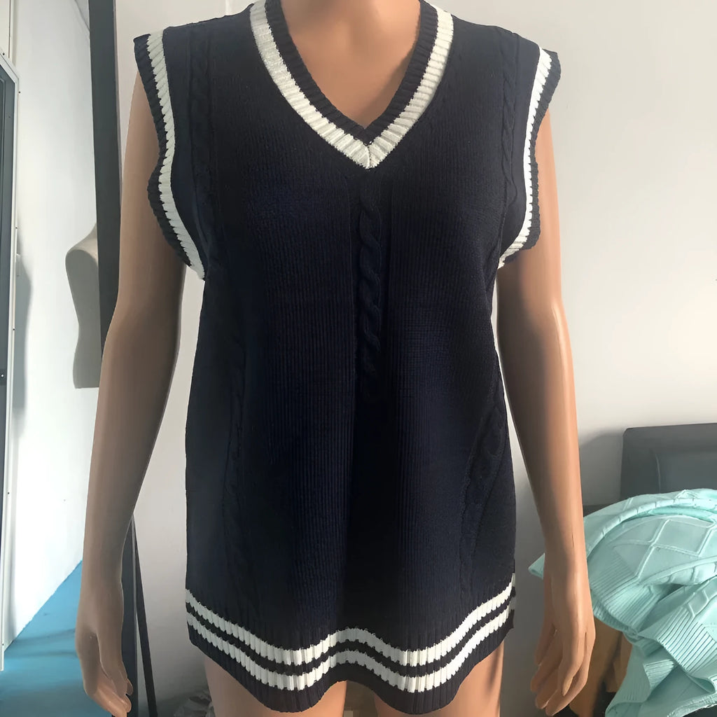 Women's slim fit V-neck waistcoat sweater with striped stitching detail in acrylic fabric