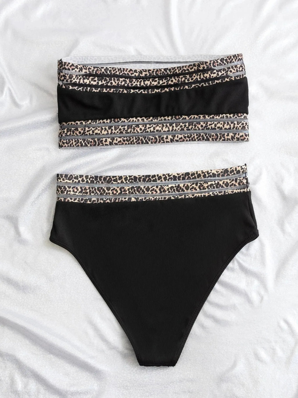 Black strapless leopard print bikini set with briefs on hanger
