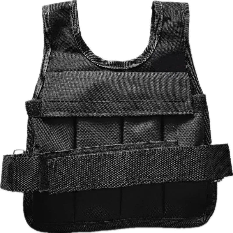 Child wearing an adjustable sand vest made from voile fabric, showing size and weight options.