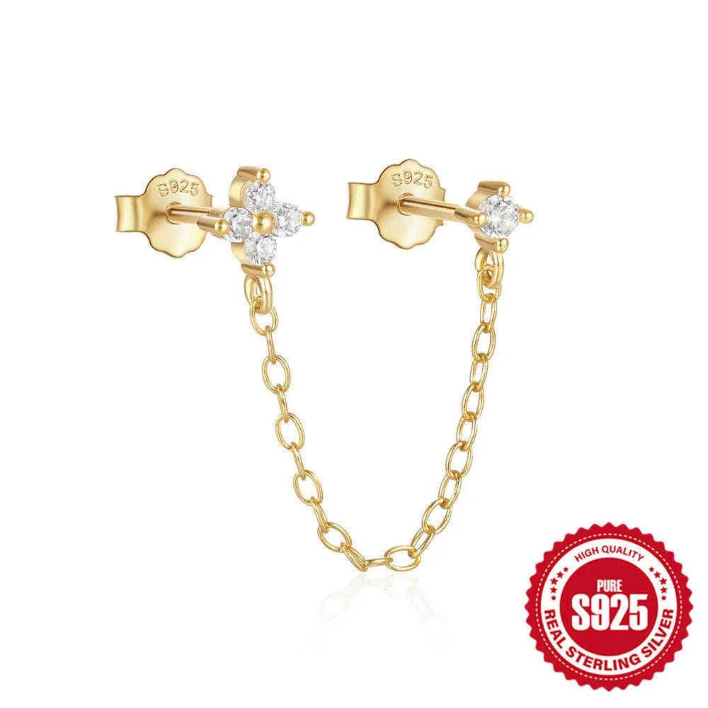 S925 Sterling Silver geometric flower and tassel chain clip-on ear studs with gold electroplated finish.