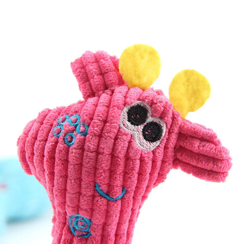 Blue deer-shaped plush dog toy with corn grain texture showing crinkle paper and squeaker sound features