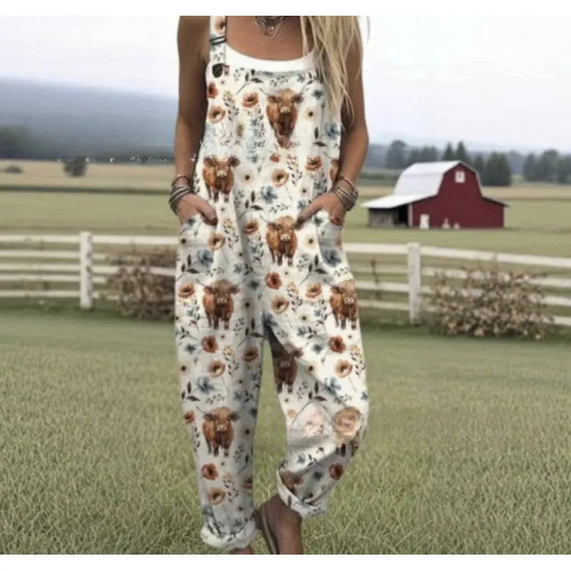 Women's digital print button suspender trousers, straight leg, mid waist, polyester, sizes S-5XL
