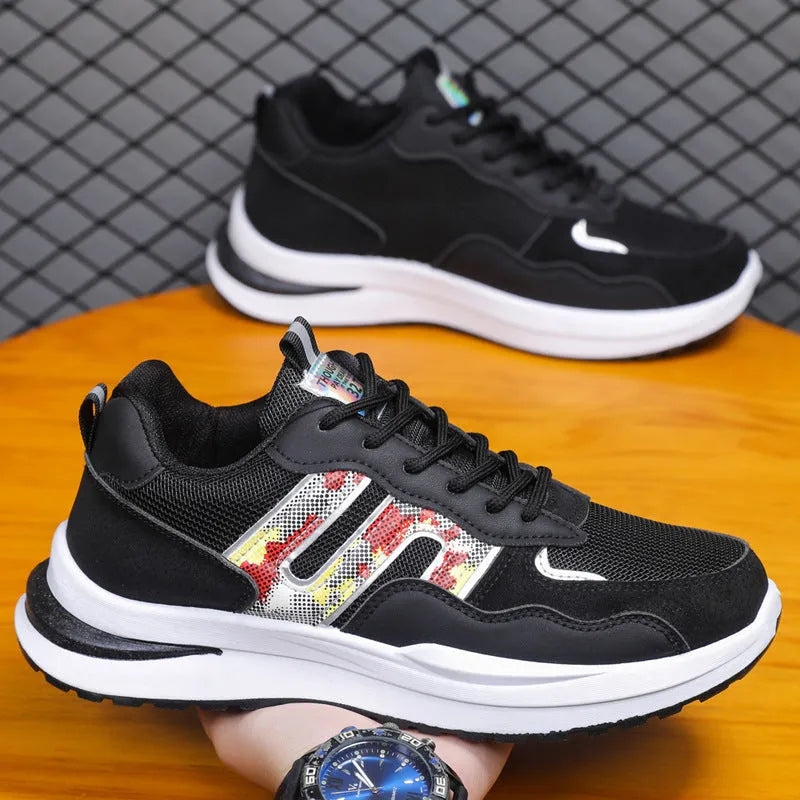 Men's white-green and black mesh casual sports shoes with shallow cut and leather toe holder