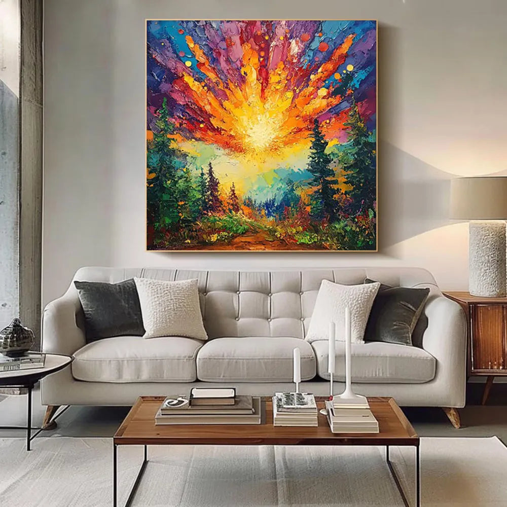 Hand-painted oil painting of a sun rising in a deep forest with brilliant light, square canvas wall art without frame