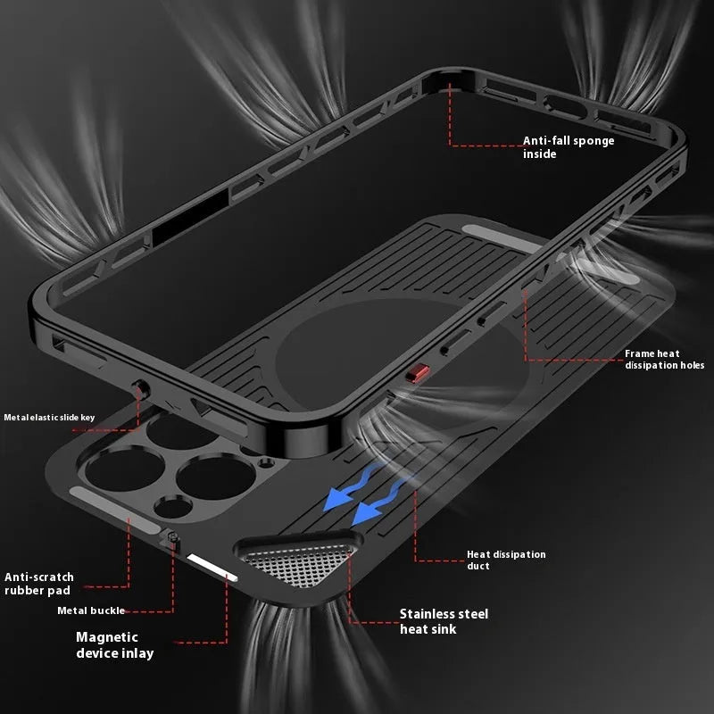 Aluminium alloy leather iPhone case with rotating bracket and magnetic suction, shown in black and blue.