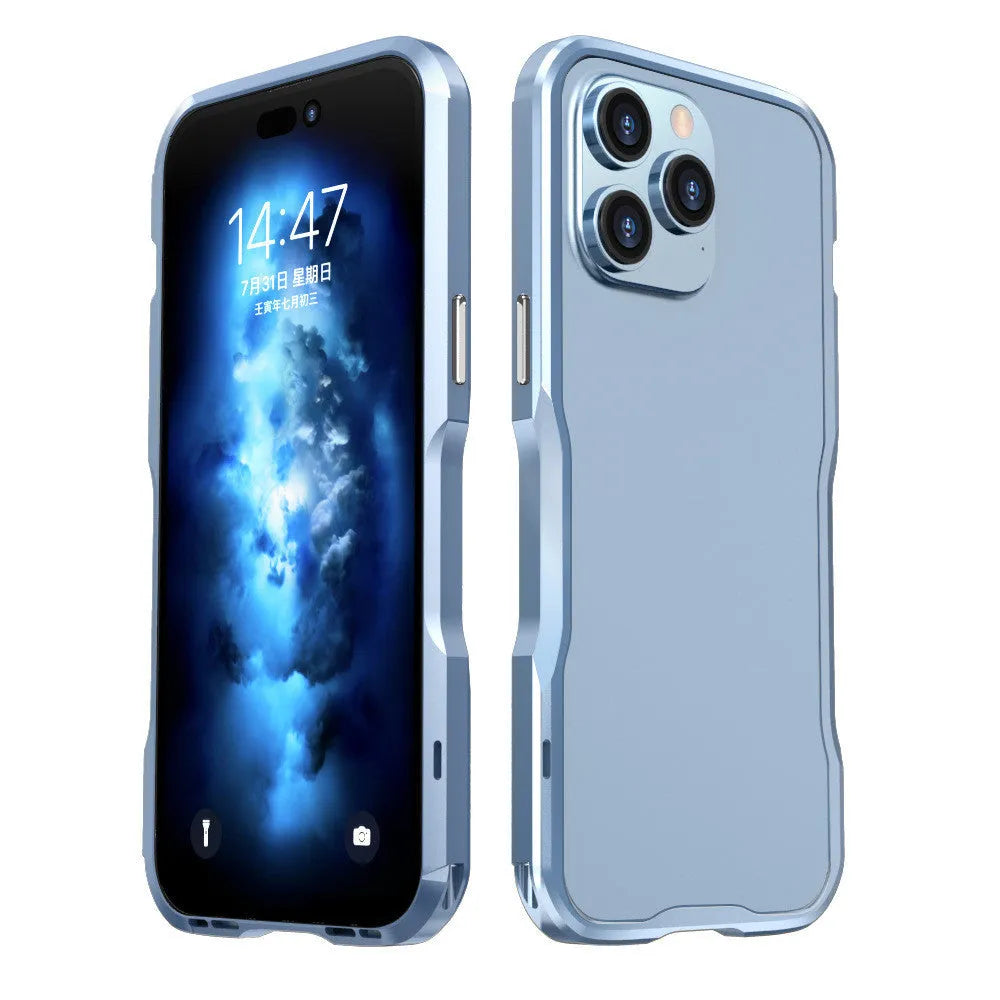 Metal bezel-proof screw-fixed phone case for Apple iPhone 14 series, black colour, showing metal edge cutting and secure fit