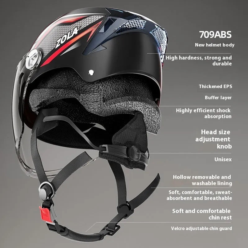 Motorcycle half helmet in various colours with a double mirror visor, shown on a neutral background.